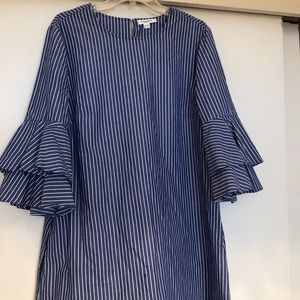 Blue And White Striped Dress With Ruffled Sleeves